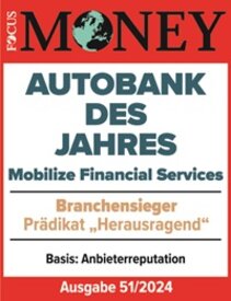 In der Studie "Finanzdienstleister des Jahres 2024" von Focus Money erreichte Mobilize Financial Services den ersten Platz in der Branche Autobanken und ist „Autobank des Jahres 2024“ mit dem Prädikat „Herausragend“ (Focus Money 51/2024).